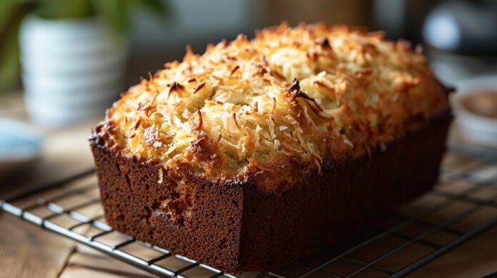 Bolo de batata doce com coco sobre uma grade de resfriamento.