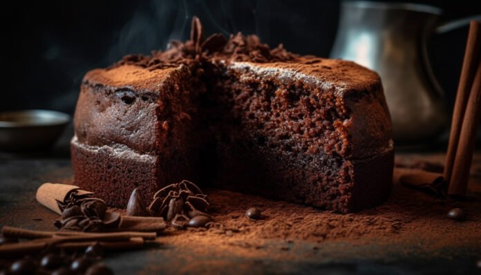 Bolo de chocolate com abobrinha decorado com cacau em pó e especiarias, representando uma receita saudável e deliciosa.