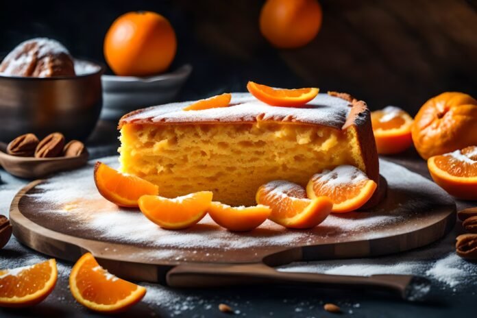 Bolo de coco fofinho decorado com fatias de laranja e polvilhado com açúcar de confeiteiro.