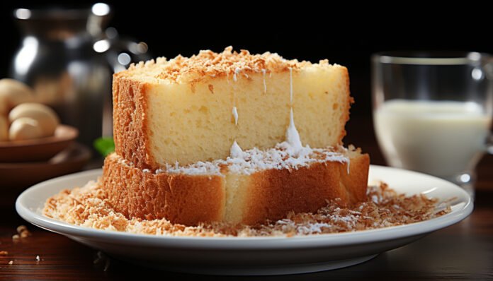 Bolo de tapioca com coco servido em prato branco, acompanhado de leite.