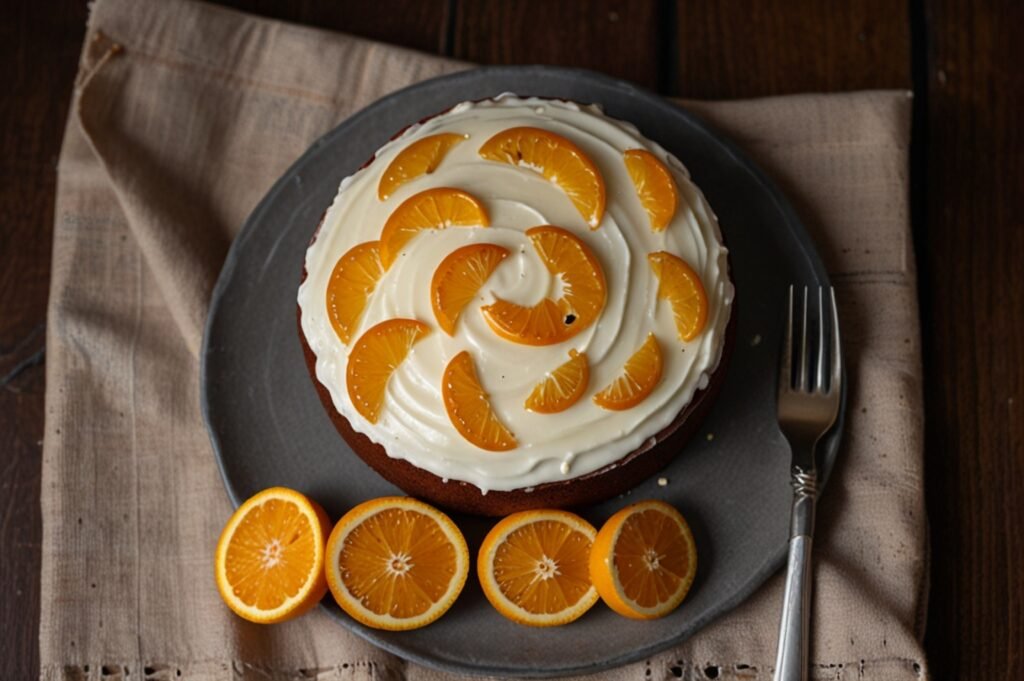 Delicioso bolo de iogurte decorado com raspas de laranja e limão e coberto com creme.