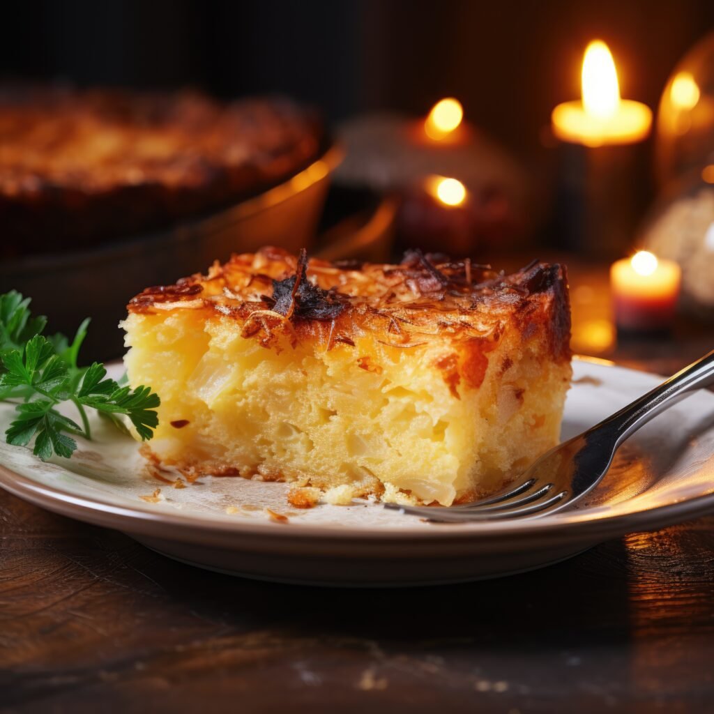 Fatia de bolo de batata doce com coco em um prato, decorado com uma folha de salsa.