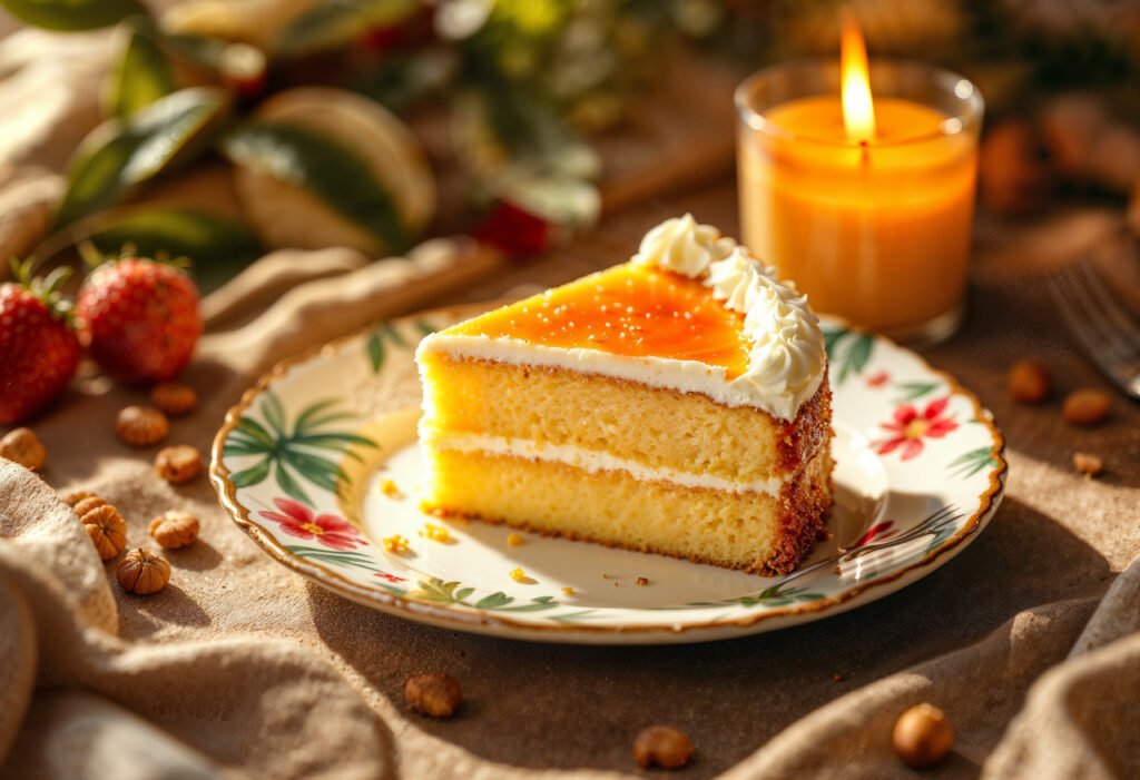 Fatia de bolo de cenoura com cobertura de limão servida em um prato decorado, ao lado de uma vela acesa e frutas.