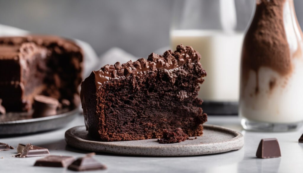 Fatia de bolo de chocolate com abobrinha sobre um prato, acompanhada de pedaços de chocolate e uma bebida ao fundo.