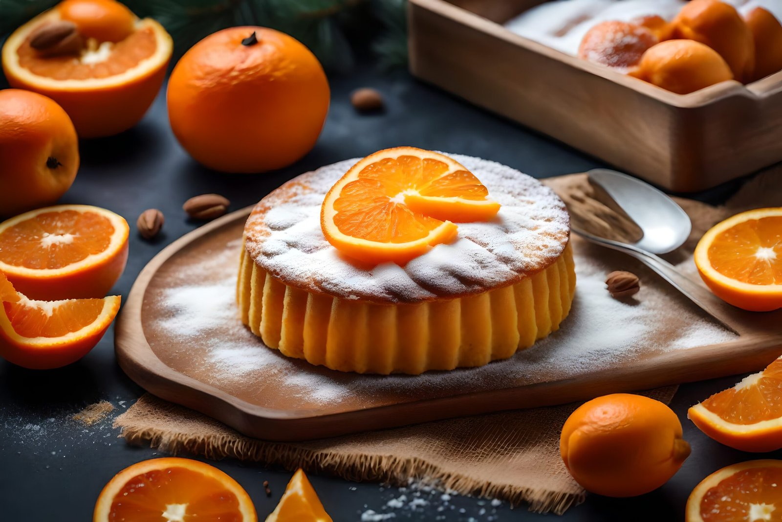 Bolo de coco fofinho decorado com fatias de laranja frescas, polvilhado com açúcar de confeiteiro.